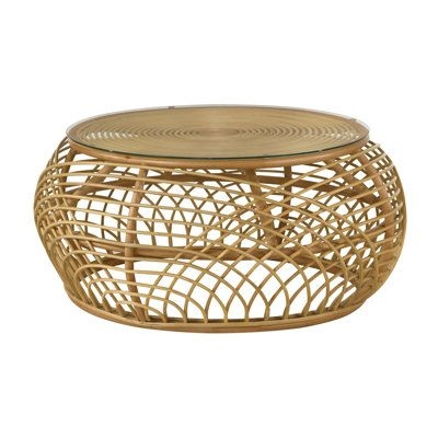 Bayou Breeze Arjit Round Coffee Table w / Glass Top in Natural Rattan / Wicker in Brown | 19 H x 39.65 W x 39.65 D in | Wayfair