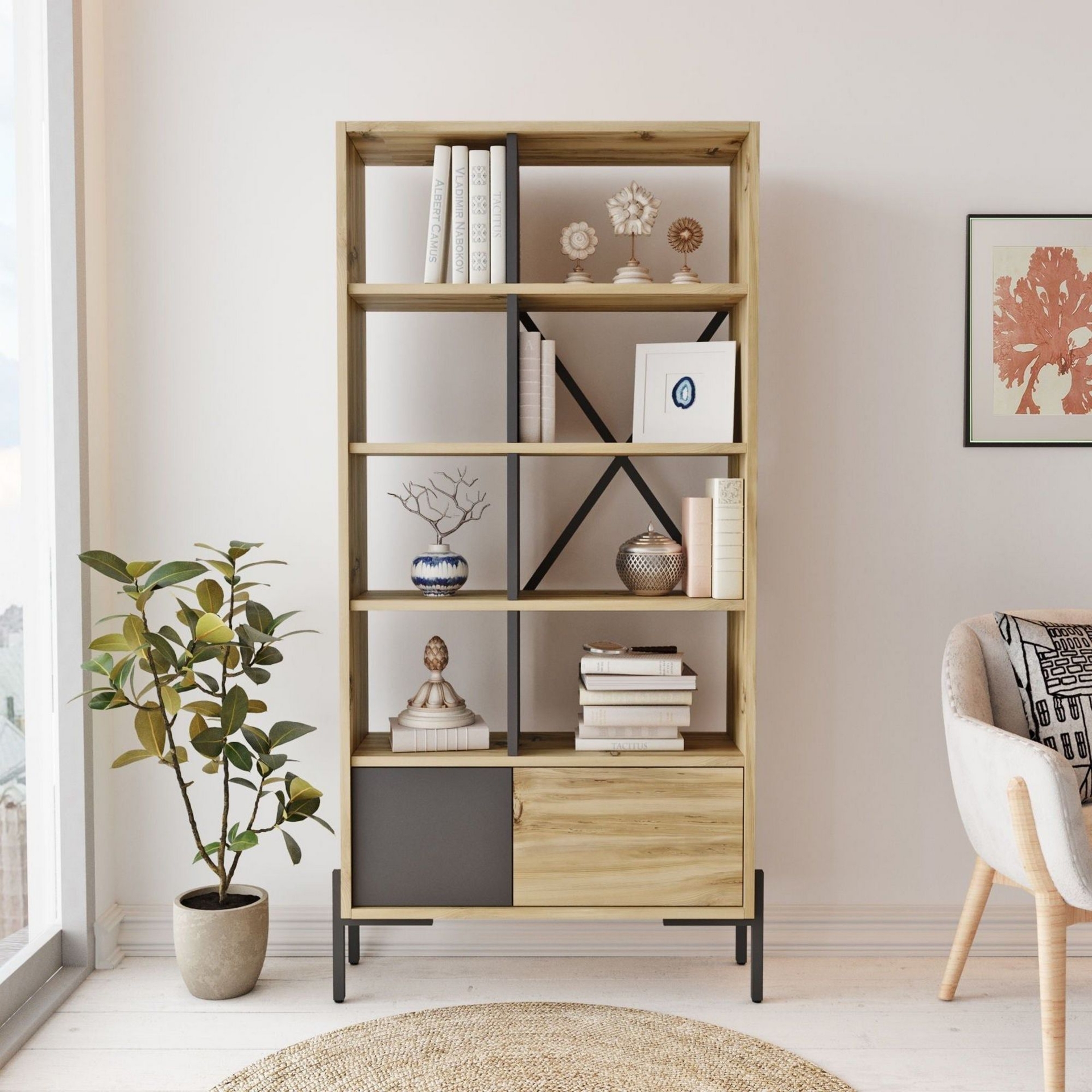 Biblioteca BO1-KA, stejar/gri, PAL, 80x25x160 cm
