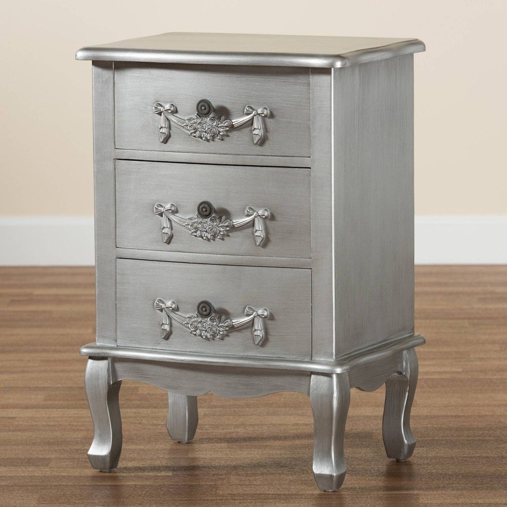 Callen Brushed Wood 3 Drawer Nightstand Silver - Baxton Studio