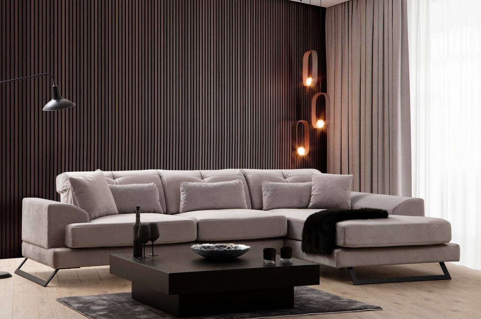Canap d'angle  droite avec 5 coussins Cyclades Velours textur effet simili de vachette Gris clair