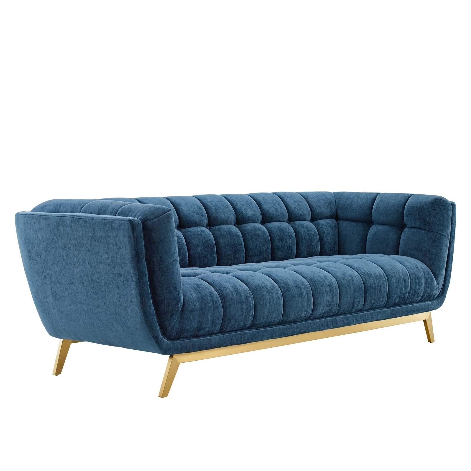 CasaFoyer Bestow Crushed Performance Velvet Sofa | Luxurious & Spacious | Soft & Durable Velvet Upholstery | Button Tufting | Brushed Gold Legs | Mid-Century Modern | 900 lbs Capacity