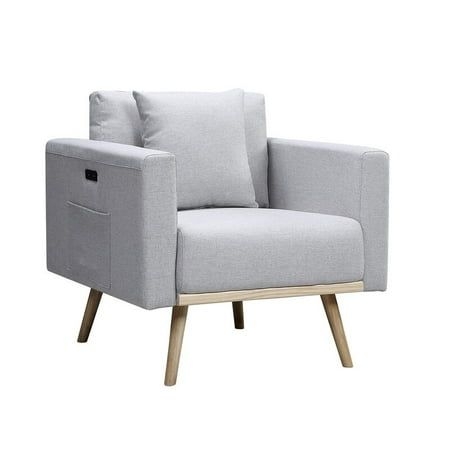 Easton Linen Fabric Chair with USB Charging Ports Pockets & Pillows Light Grey, Size:Overall Product Dimensions: 30"Large x 32.5 inchW x 30"H, Gray
