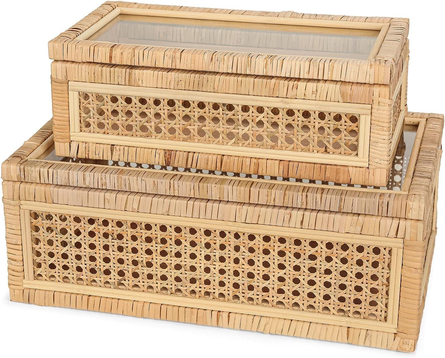 Handwoven Boho Rattan Display Boxes With Glass Lids - Set Of 2 Rectangular Decor