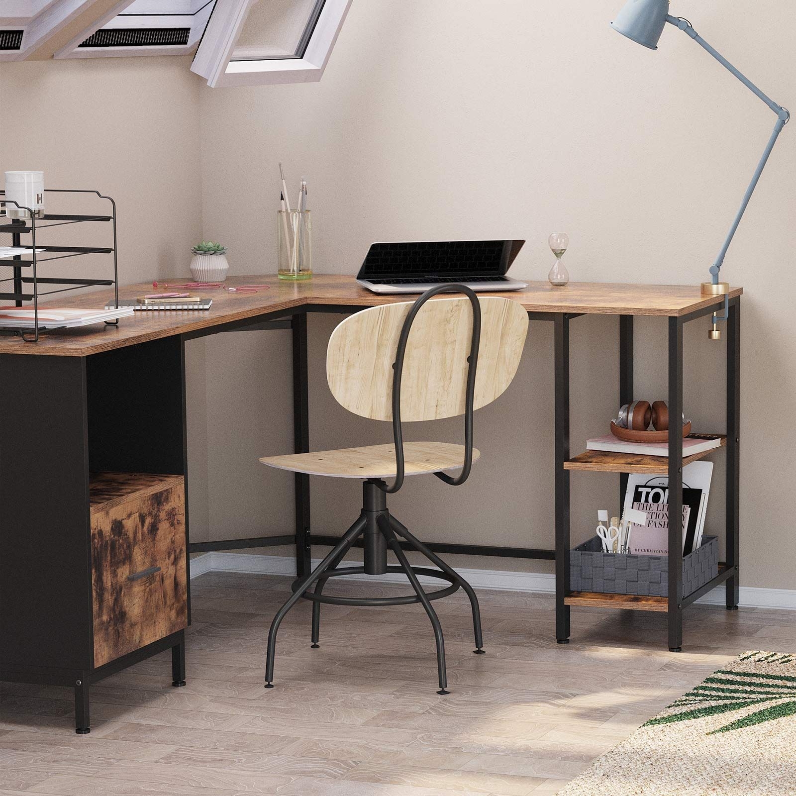 Industrial L-shaped Computer Desk with Cabinet