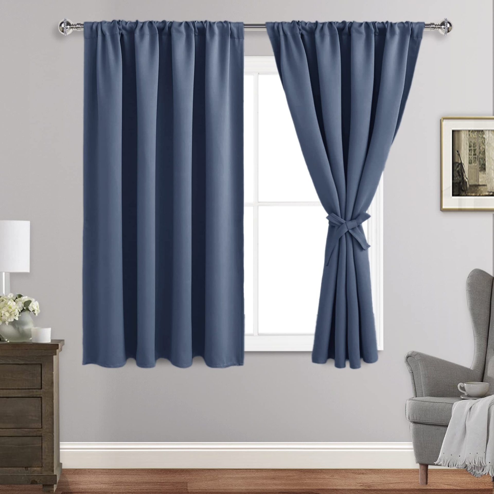 JIUZHEN Dusty Blue Blackout Curtains for Bedroom - Thermal Insulated Room Darkening Noise Reducing, 52 x 54 Inch Length Curtains for Living Room, Set of 2 Panels with Tiebacks, Dusty Blue