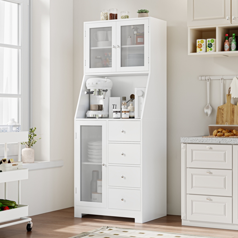 Josgar 64.2"H Kitchen Pantry with Microwave Shelf, Cabinets and 4 Drawers, White