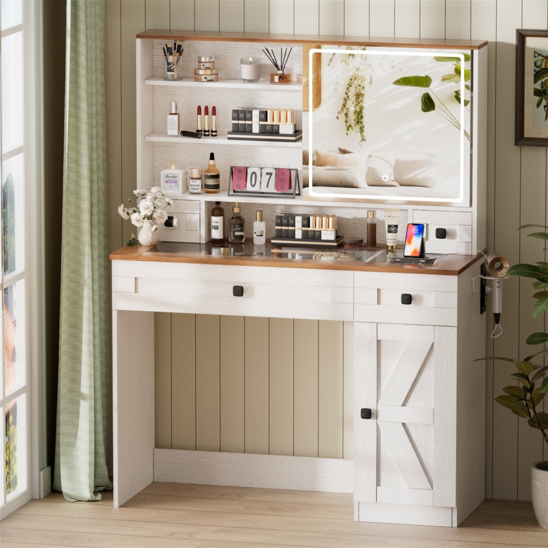 Keysean Farmhouse Vanity Desk with Sliding Mirror and Lights, Glass Tabletop Makeup Vanity