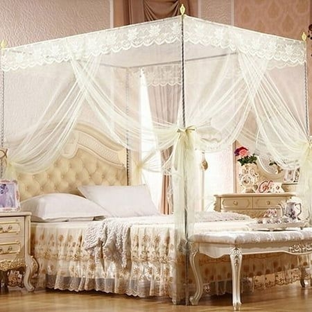 Limei 4 Corners Post Pink Canopy Bed Curtain for Girls & Adults - Cute Cozy Drape Square Netting - 4 Opening - Princess Bedroom Decoration(Queen, Beige)