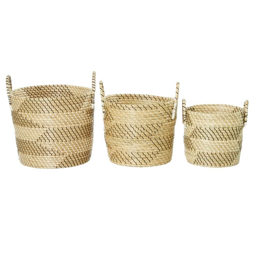 LITTON LANE 20 in. x 19 in. Brown, Black, and White Corded Seagrass Tapered Basket with Arched Handles