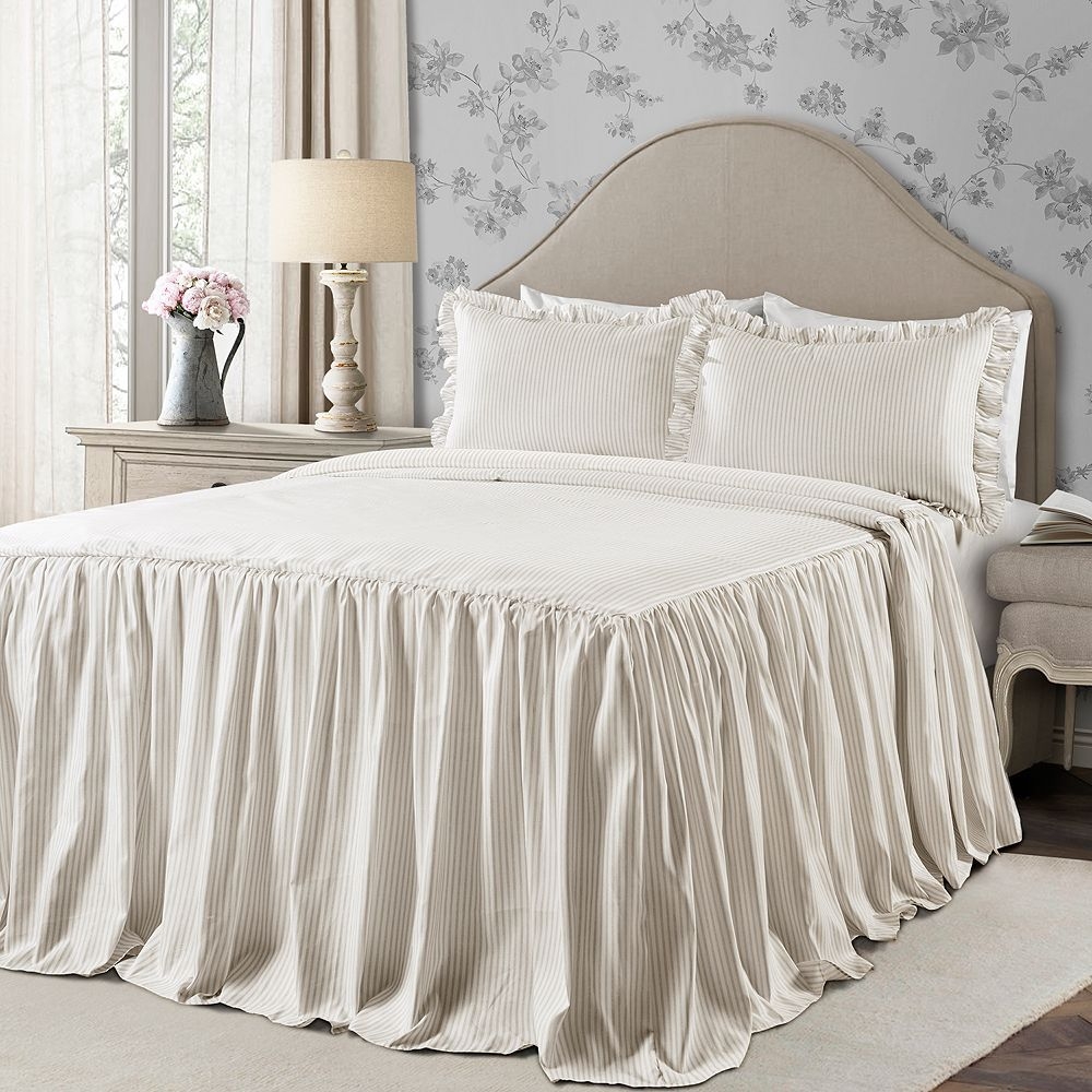 Lush Decor Ticking Stripe Ruffled Bedspread Set, Beig/Green, Full