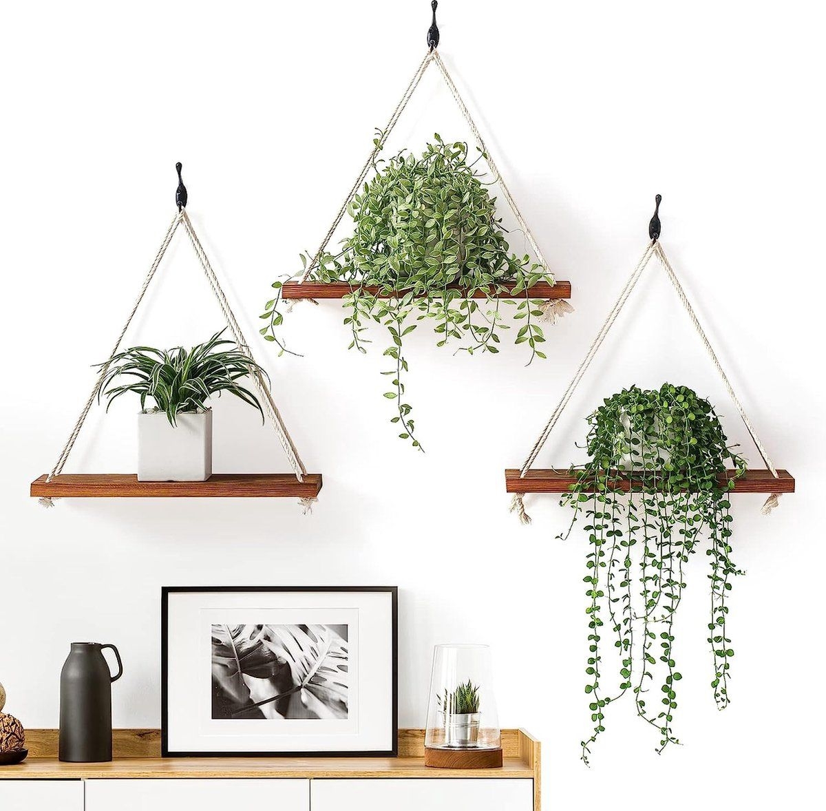 Macram bruine hangplank, set van 3 zwevende planken, plantenplanken, vintage houten wandplank voor kinderkamer, wanddecoratie, boho decoratieplank...