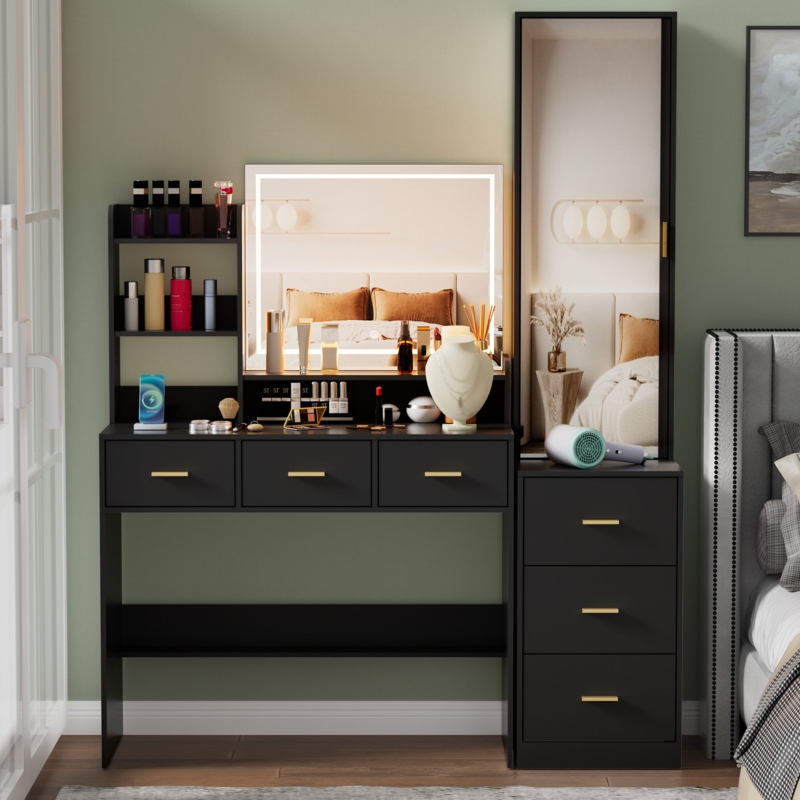 Makeup Vanity Desk with Lighted Full-Length Mirror and Charging Station