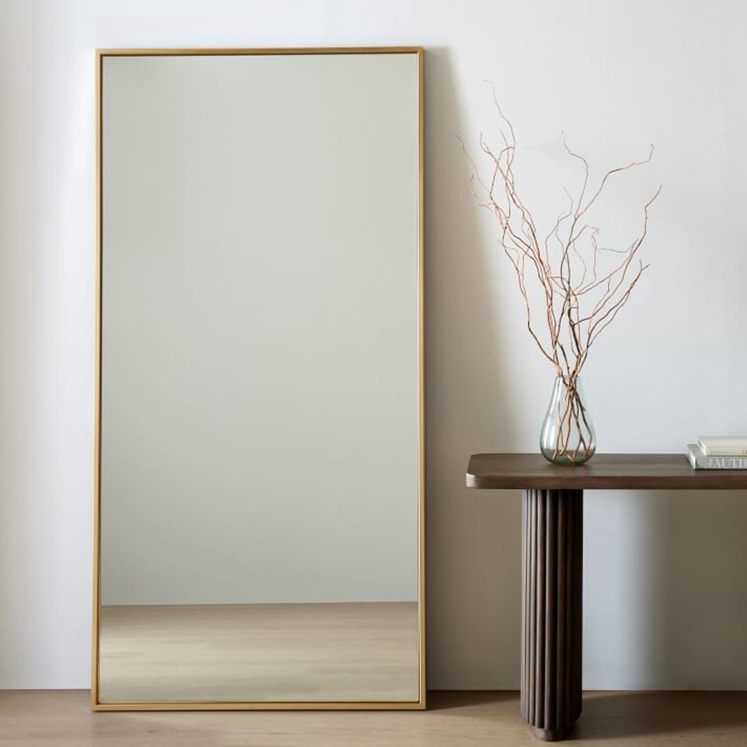 Metal Framed Oversized Floor Mirror, Antique Brass