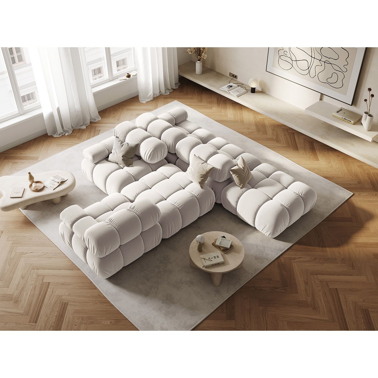 Milo Casa - Chauffeuse Gauche Velours Tropea 4 Places beige clair - 282x94x63 cm