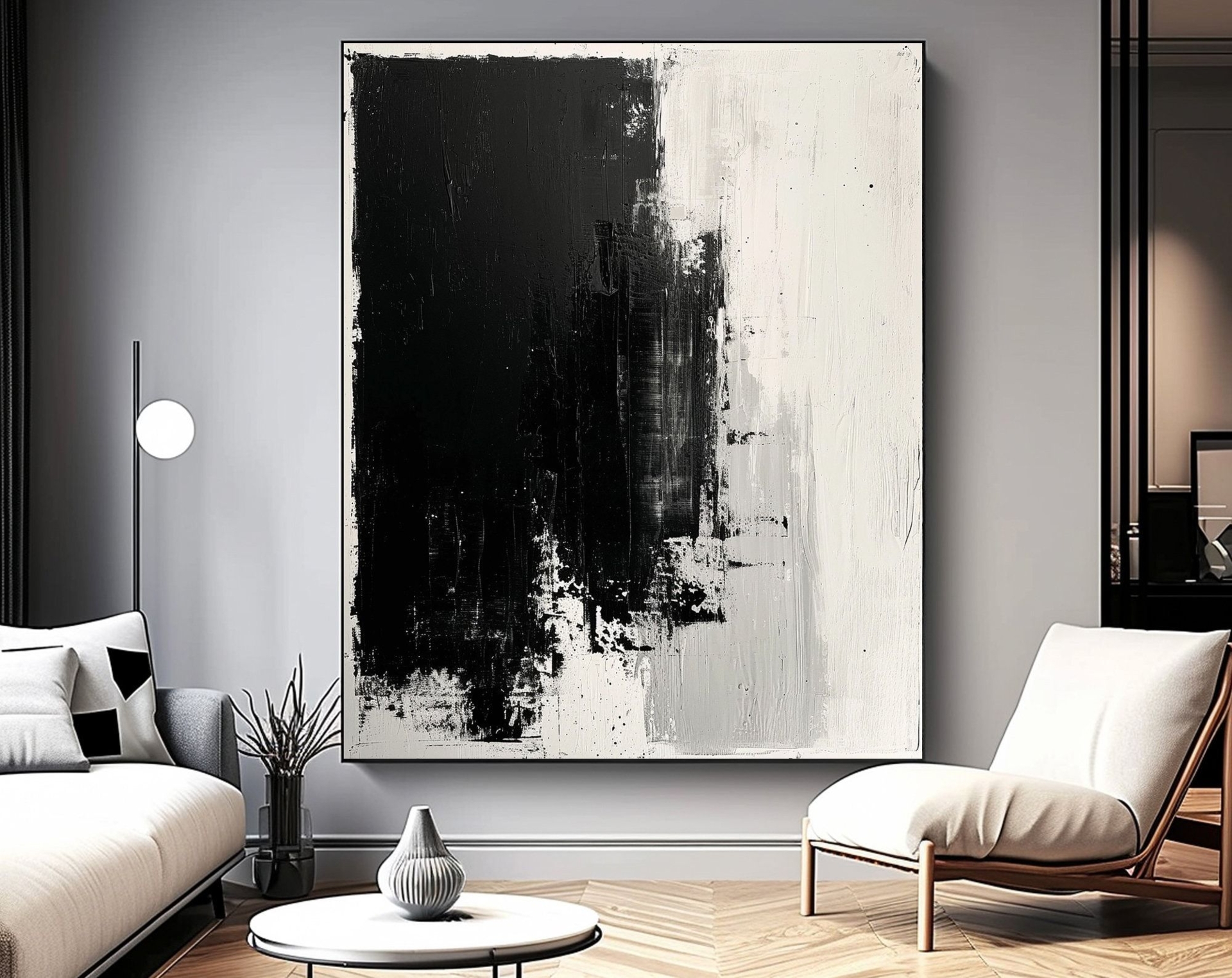 Minimalist Black Brush Stroke On Canvas, Unique Minimal Painting For Room, Trendy Gallery Canvas Wall Art, Amazing Black & Beige Wall Art