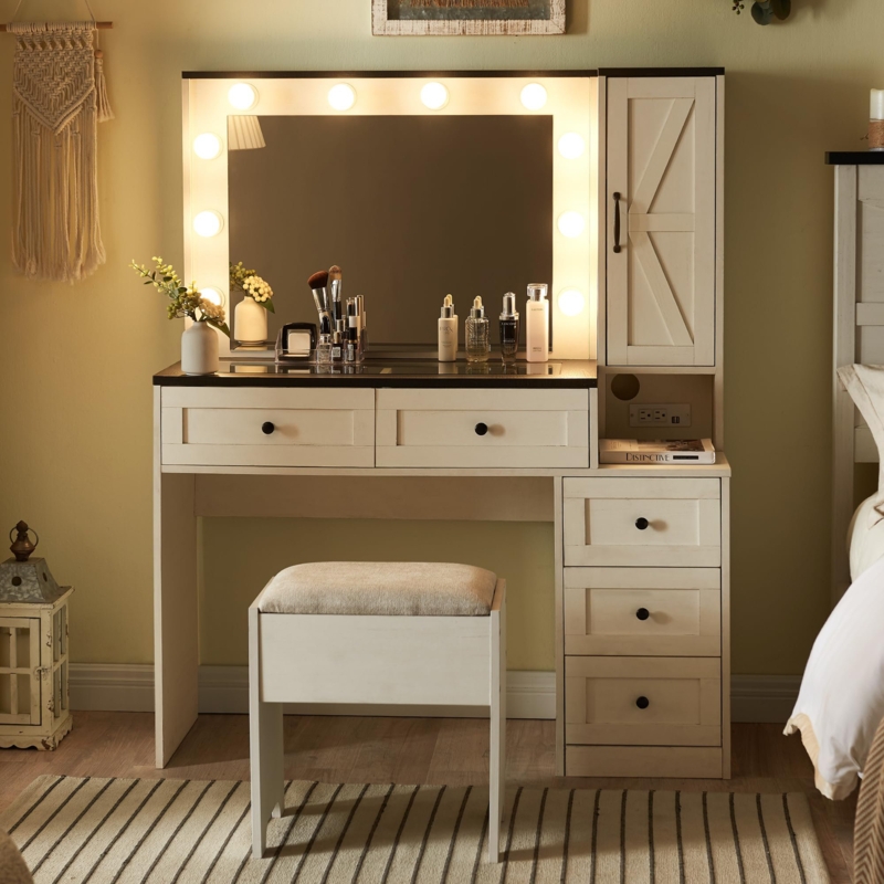 Narvis 43" Makeup Vanity Desk with Charging Station, Stool Included
