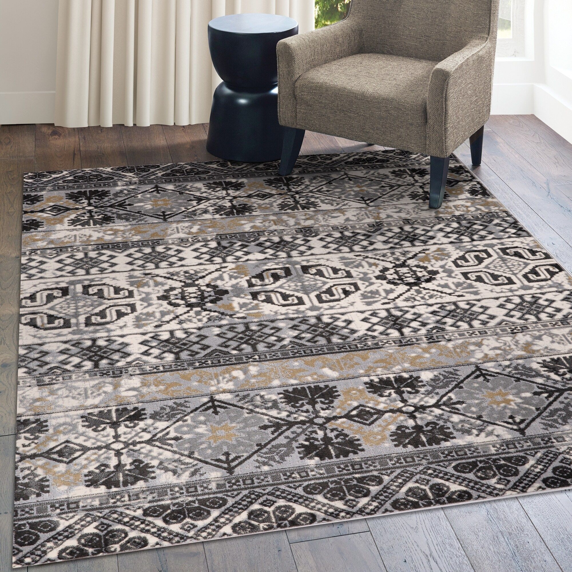 Navy And Gray Bryce Aztec Area Rug, Polyester and Polypropylene Blend