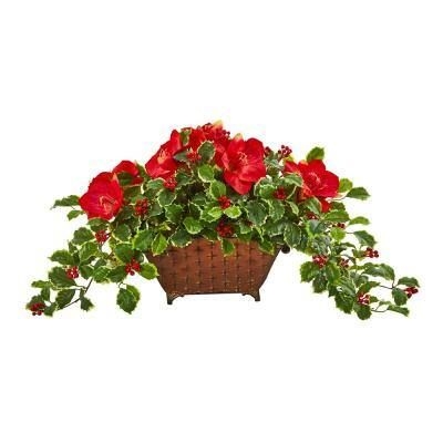 Nearly Natural 17in. Amaryllis, Holly Leaf with Berries Artificial Arrangement