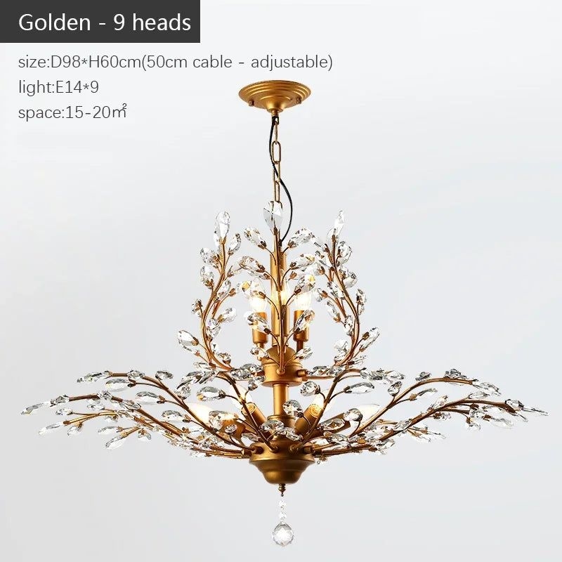 Nordic Branch Shaped Personalized Design Crystal Chandelier Retro Candle LED Chandeliers Living Room Pendant Lamps for Ceiling - golden - 9 heads