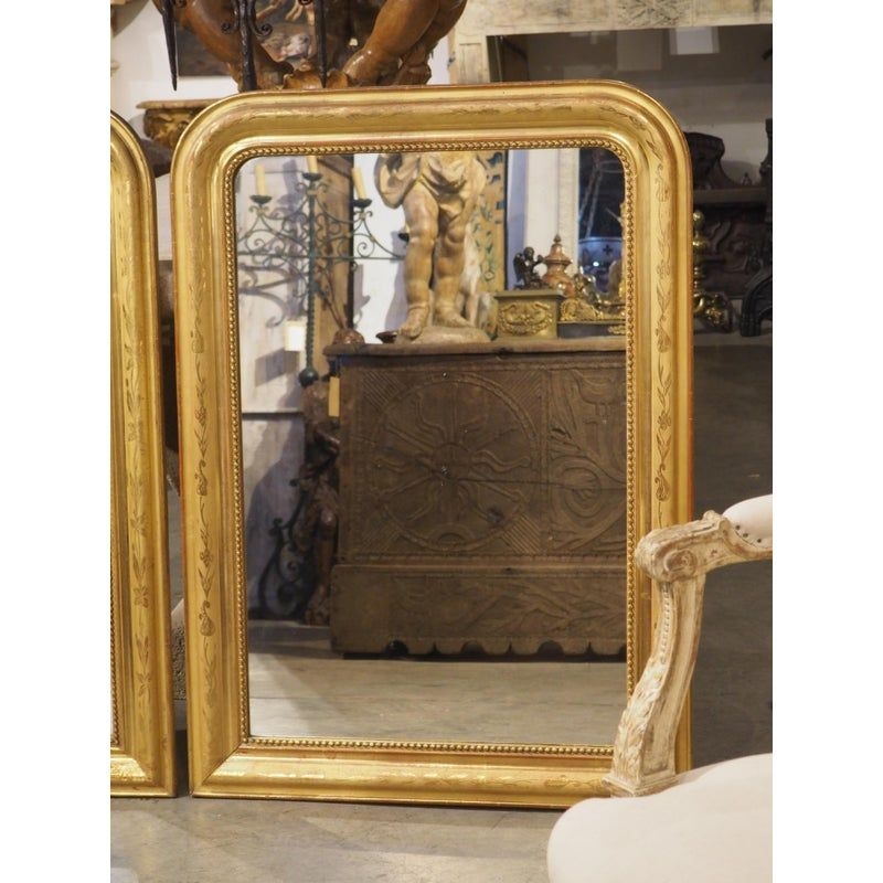 Pair of French Gold Leaf Louis Philippe Mirrors With Floral Motifs, C. 1890