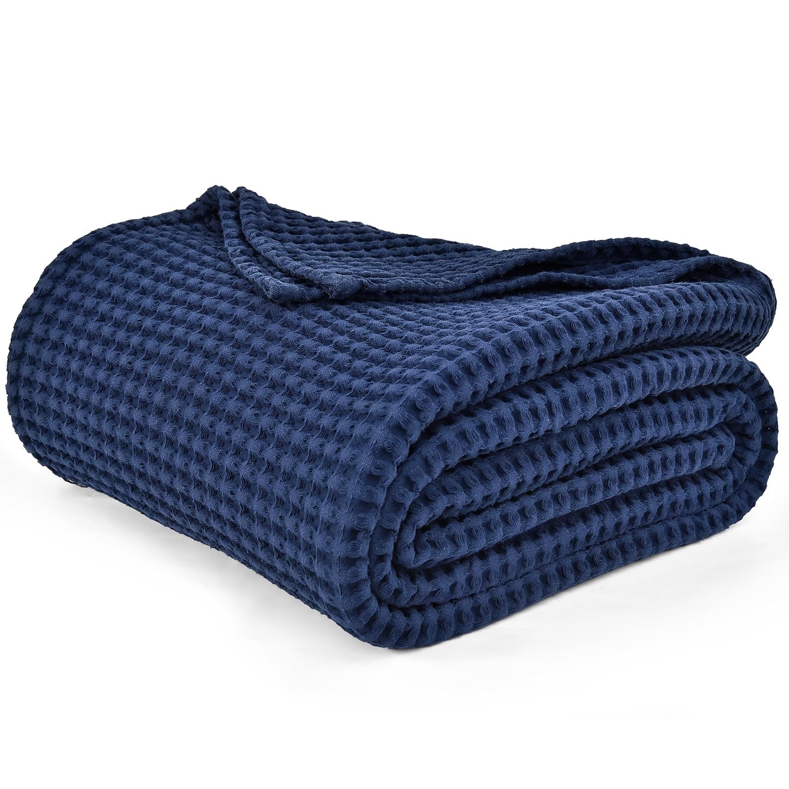 PHF 480GSM 100% Washed Cotton Waffle Weave Blanket,Cozy Breathable Skin-Friendly Throw Twin Size for All Season,Luxury Fall Layer Bedspread for Couch Bed Sofa,Elegant Home Decor,Navy Blue,66"x90"