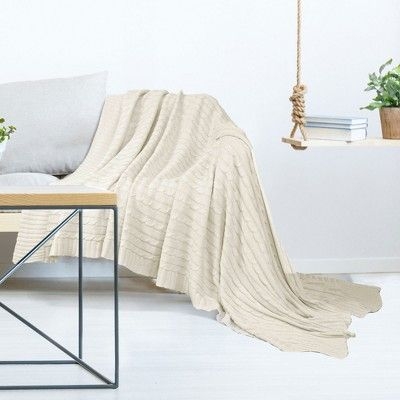 PiccoCasa 100% Cotton Cable Knit Throw Bed Blanket 1 Pc Beige 50"x60"