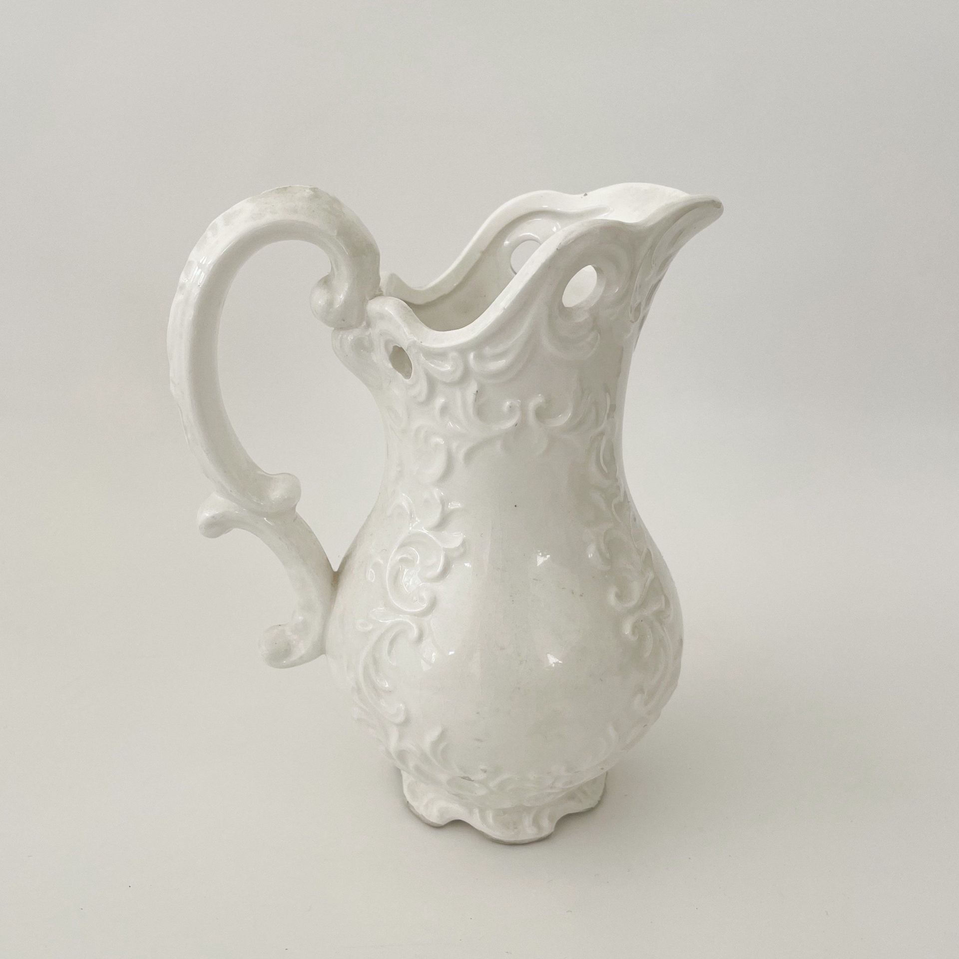"Pitcher 6\" White Napco Ware Ornate Handle Embossed Pattern C-7105 Vintage"