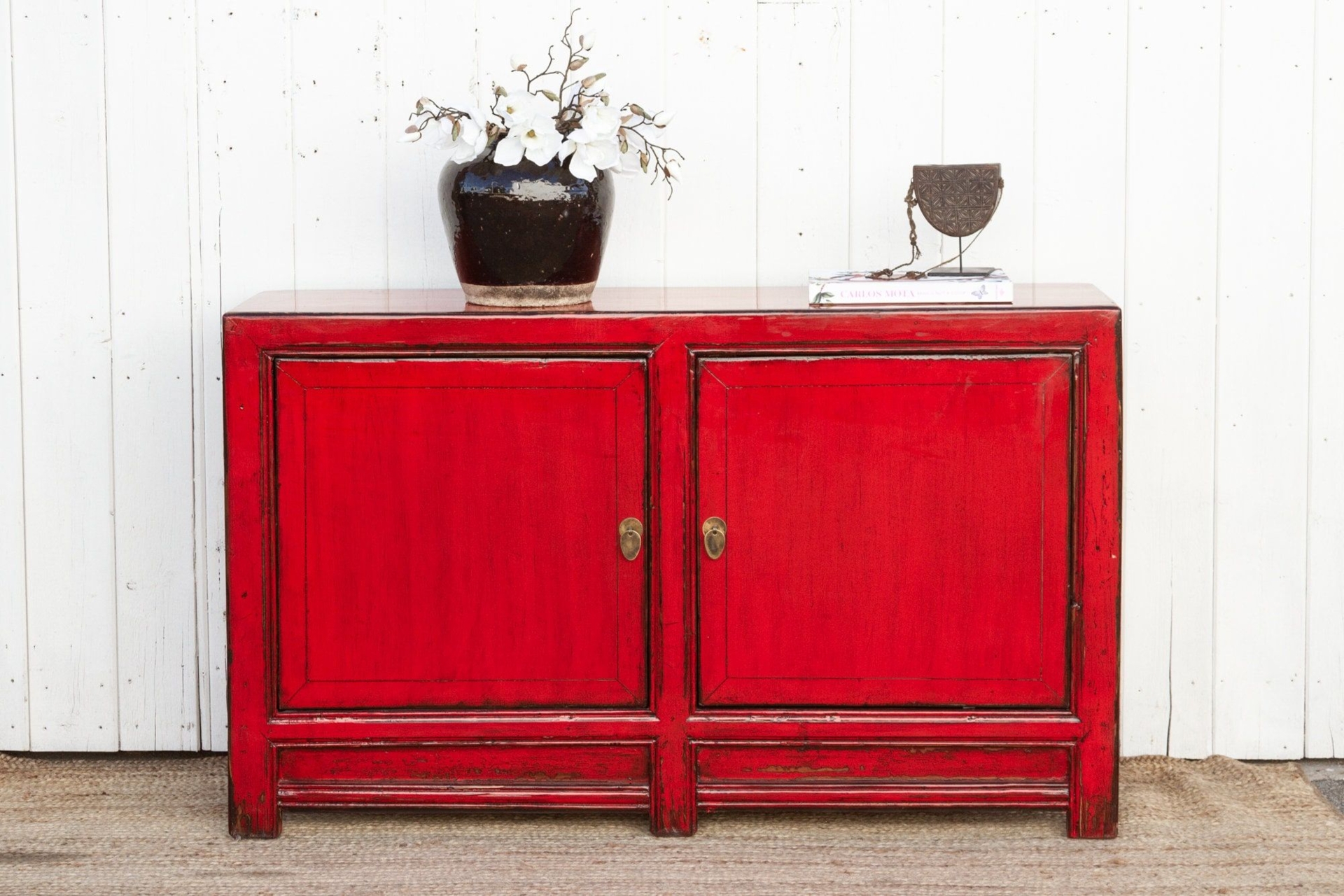 Radiant Red Asian Buffet Cabinet, Red Lacquer Buffet Cabinet, Red Finish Buffet Server, Vibrant Asian Sideboard, Red Chinese Buffet Cabinet