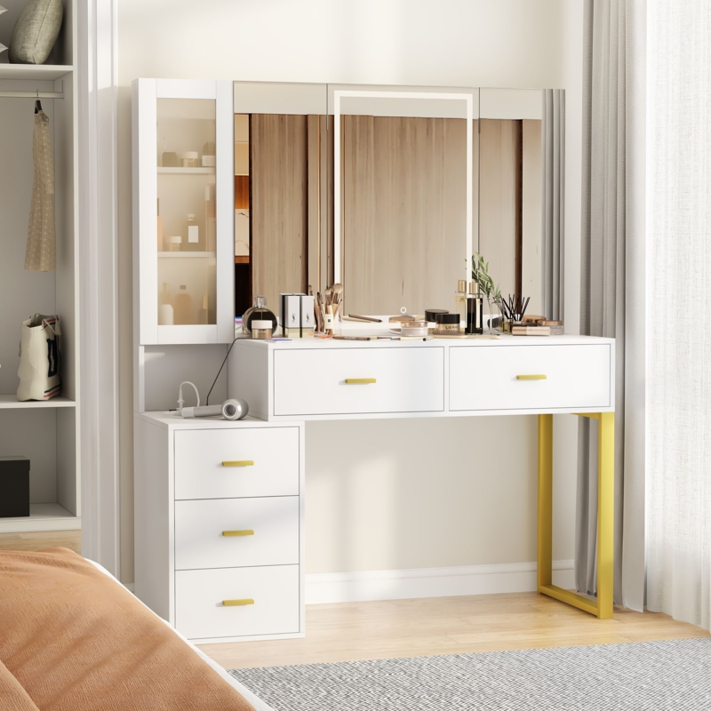 Raphy White Vanity with Light Up Tri-fold Mirror