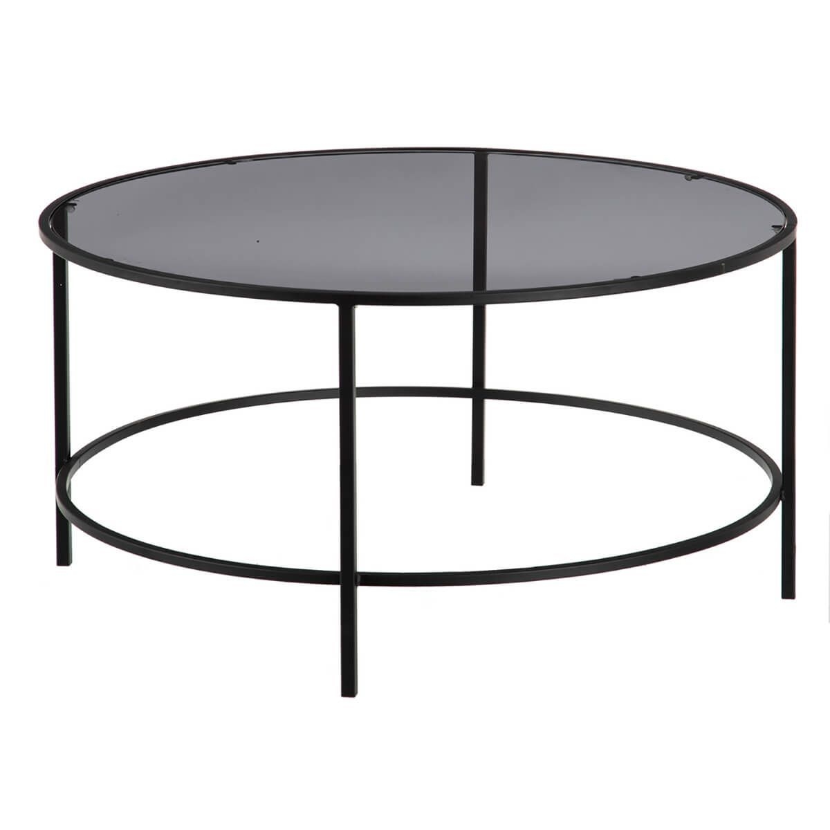 REDONDO - Table Basse 90cm Verre Gris et Mtal Noir