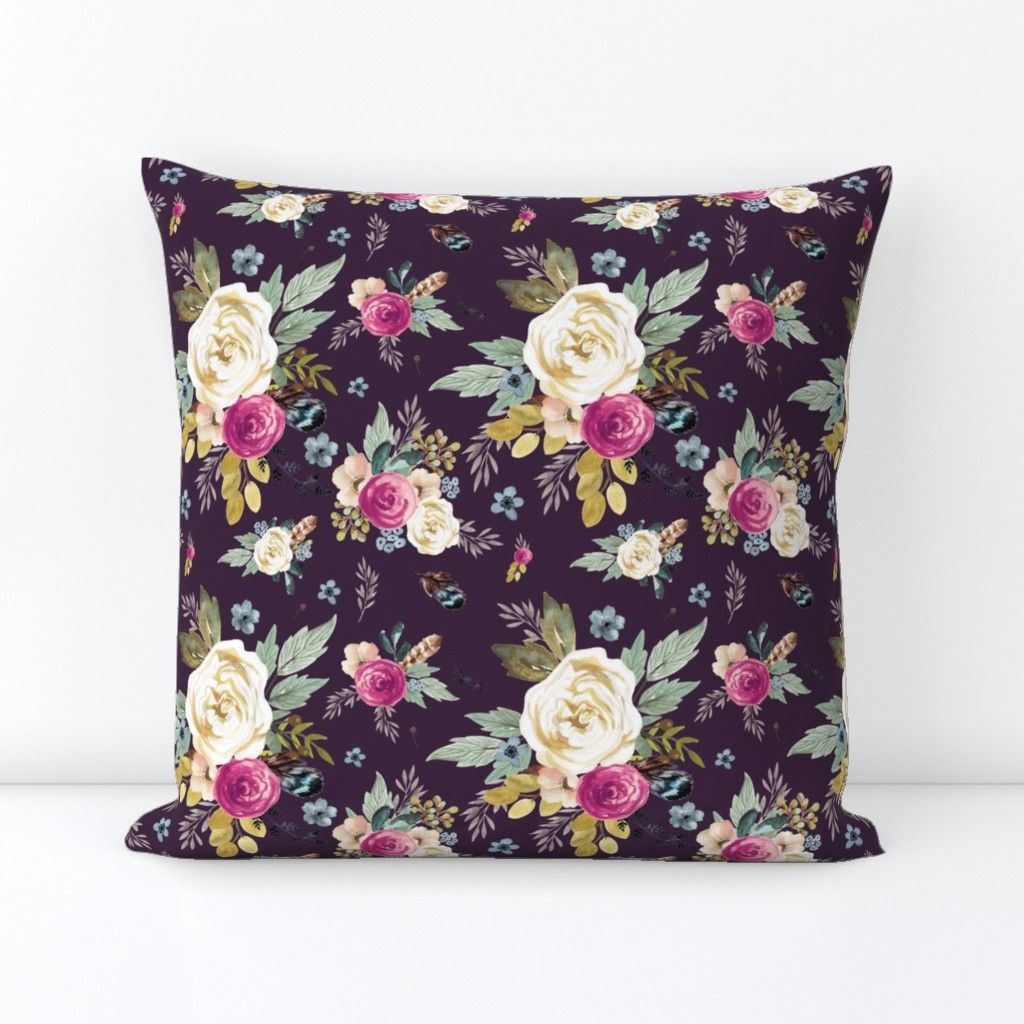Spoonflower Throw Pillows - Flowers Floral Purple Autumn Fall Eggplant