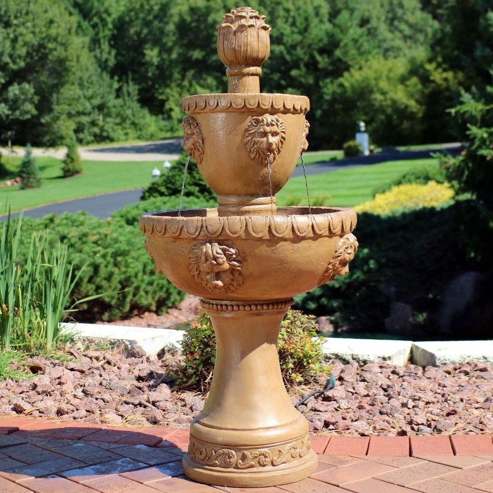 Sunnydaze 41"H Electric Fiberglass and Resin 2-Tier Lion Head Outdoor Water Fountain