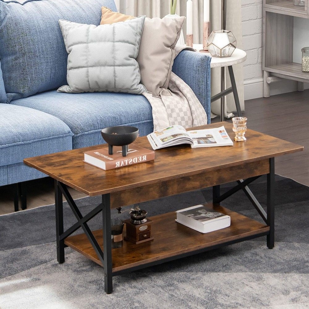 Tangkula Coffee Table Industrial 2-Tier w/ Storage Shelf &Storage Shelf for Living Room Rustic Brown