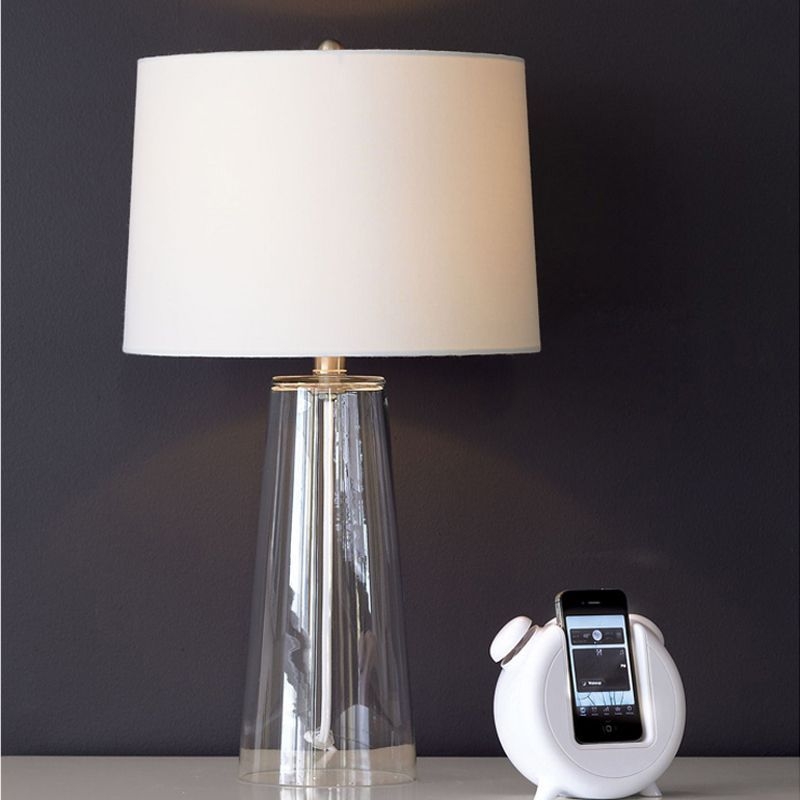 Tapered Table Lamp Modern Clear Handblown Glass Single Living Room Nightstand Lighting with Fabric Shade in White - White