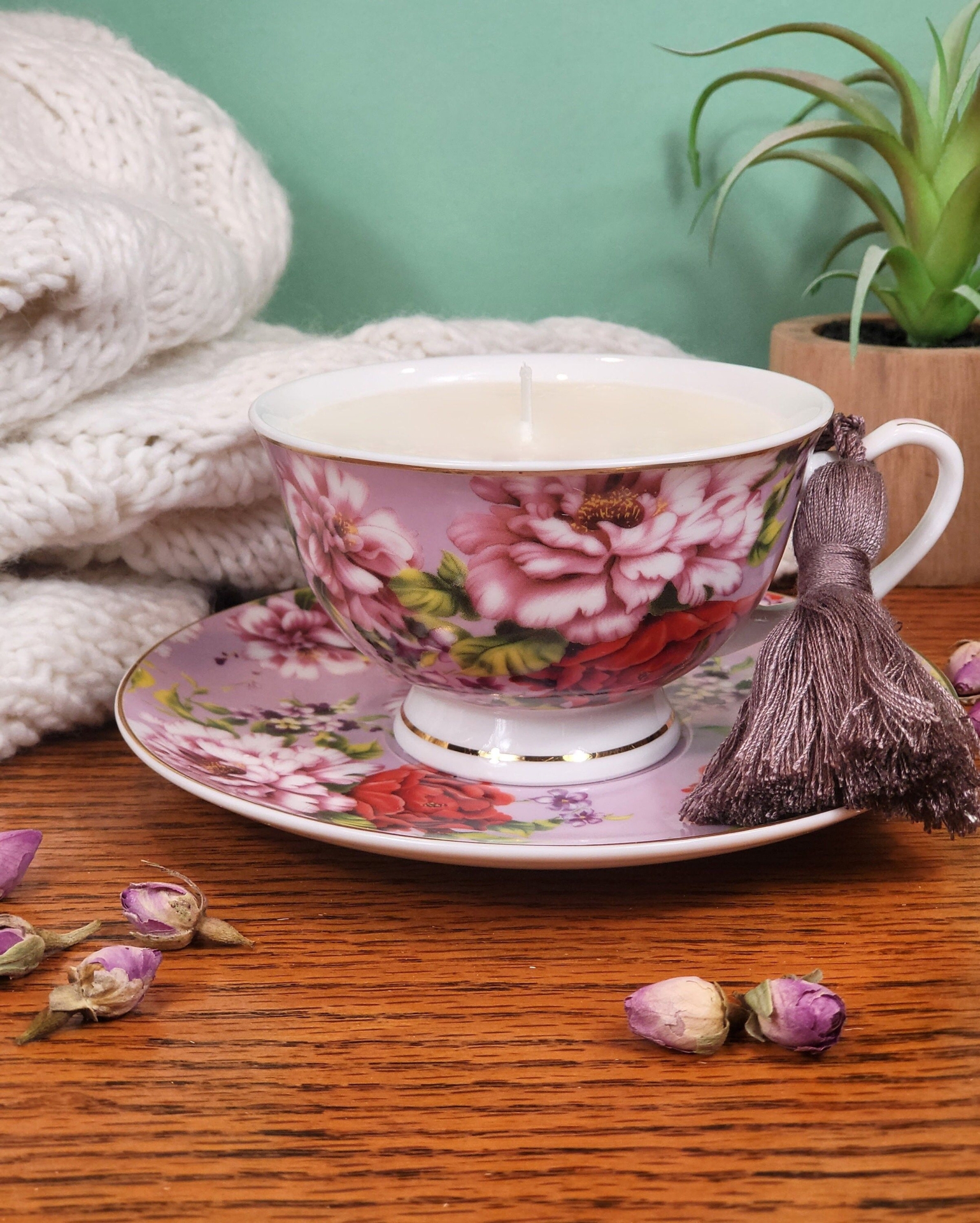 teacup soy wax candle home dcor lavender teacup with pink and red flowers cup saucer and tassel