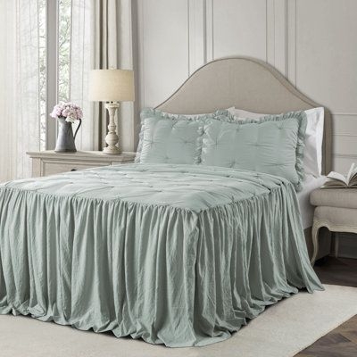 The Holiday Aisle Adelmo Ruffle Skirt Bedspread Set Microfiber in Blue, Size King Bedspread + 2 King Shams | Wayfair | Home Decor