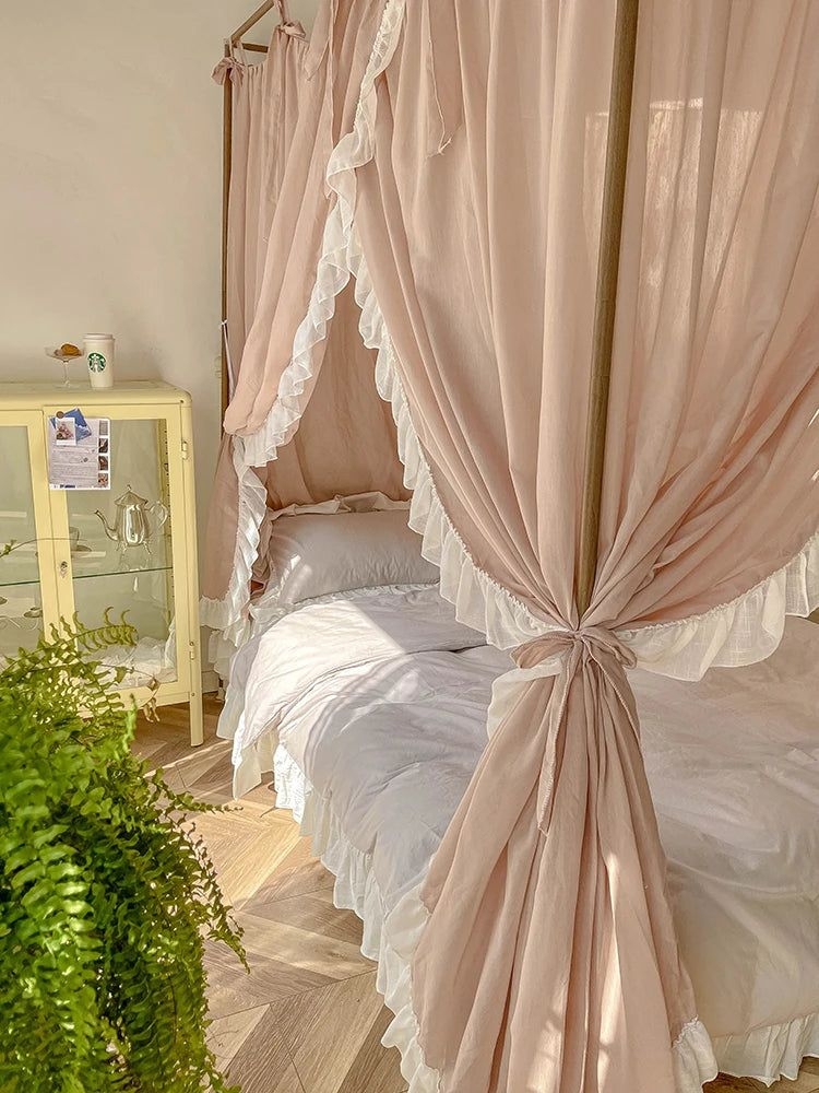 Triogift Quadrate Palace Mosquito Net Romantic French Lace Princess High-end Three-door Thickened Bedcover Bed Curtain Canopy Home Decor - B / 180X220CM no bracket
