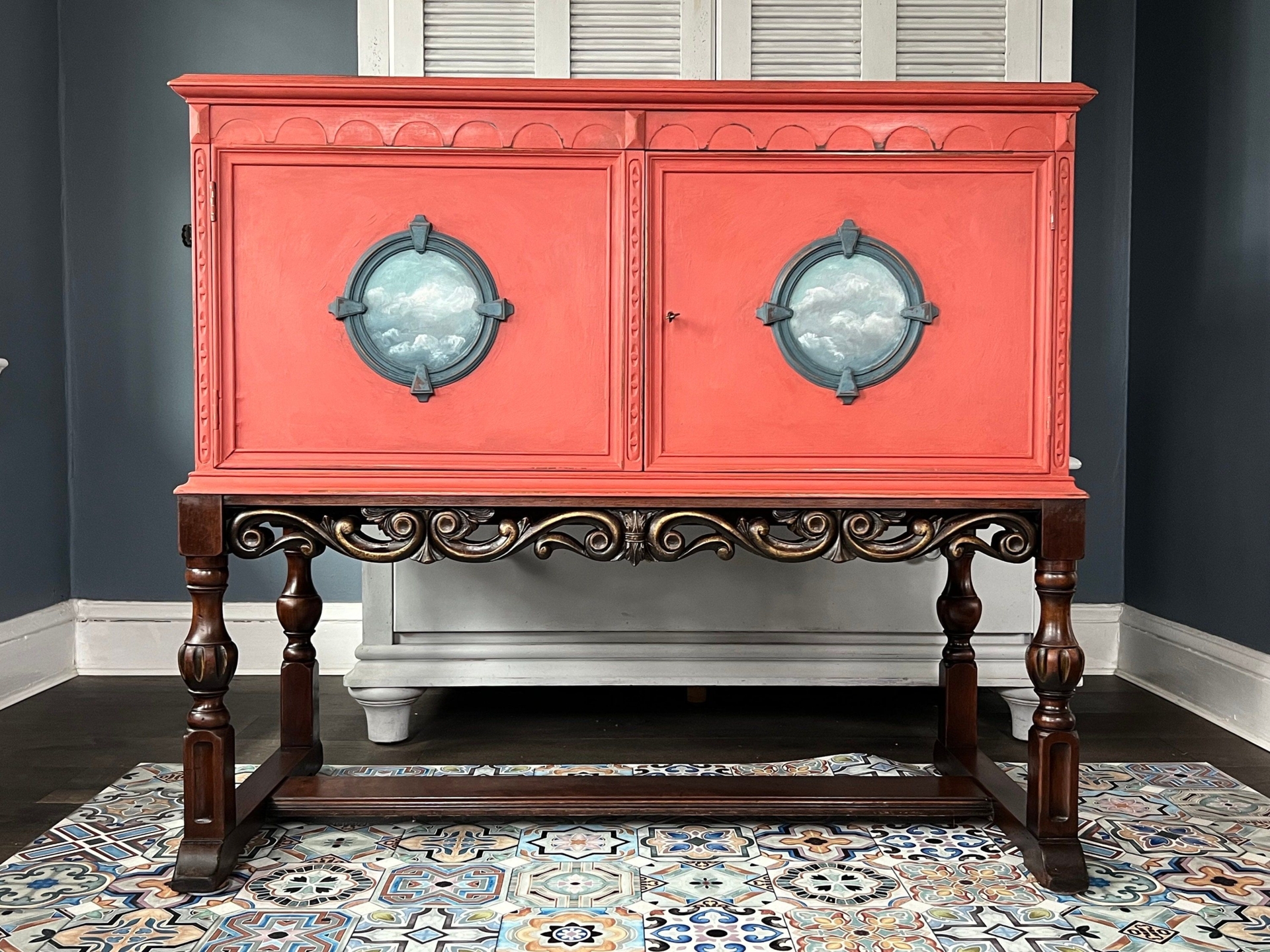 unique red sideboard, server or dresser- vintage refurbished wood furniture art- eclectic bedroom furniture for adult or baby
