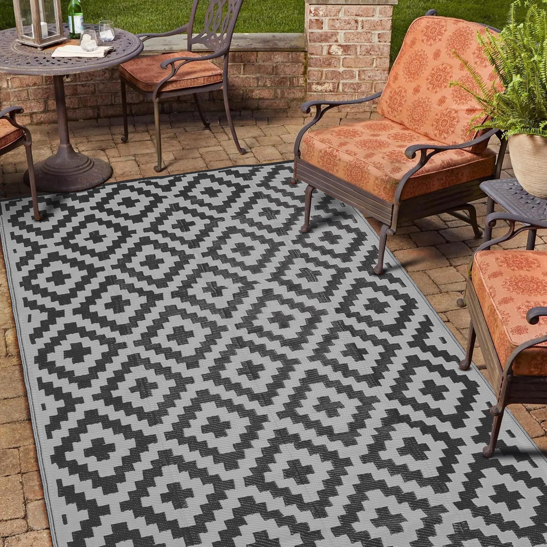 Utopia Home Waterproof Outdoor Rug for Patio 6x9 ft, Reversible Outdoor Plastic Straw Rug for Camping, Outdoor Balcony Rug, Camper Rug, Deck Rug, Outdoor RV Rugs for Picnic - Black & Grey