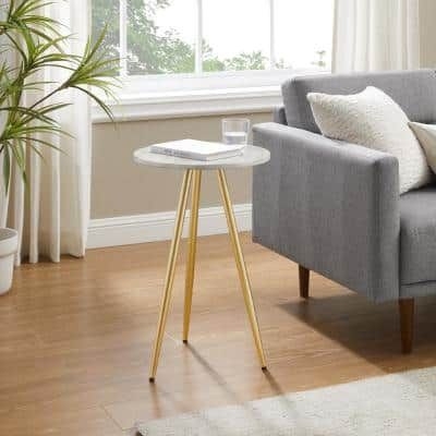 Welwick Designs 15.75 in.Grey Faux Marble/Gold Faux Round Wood Minimalist End Table with Tripod Legs, Grey Vein Marble/Gold