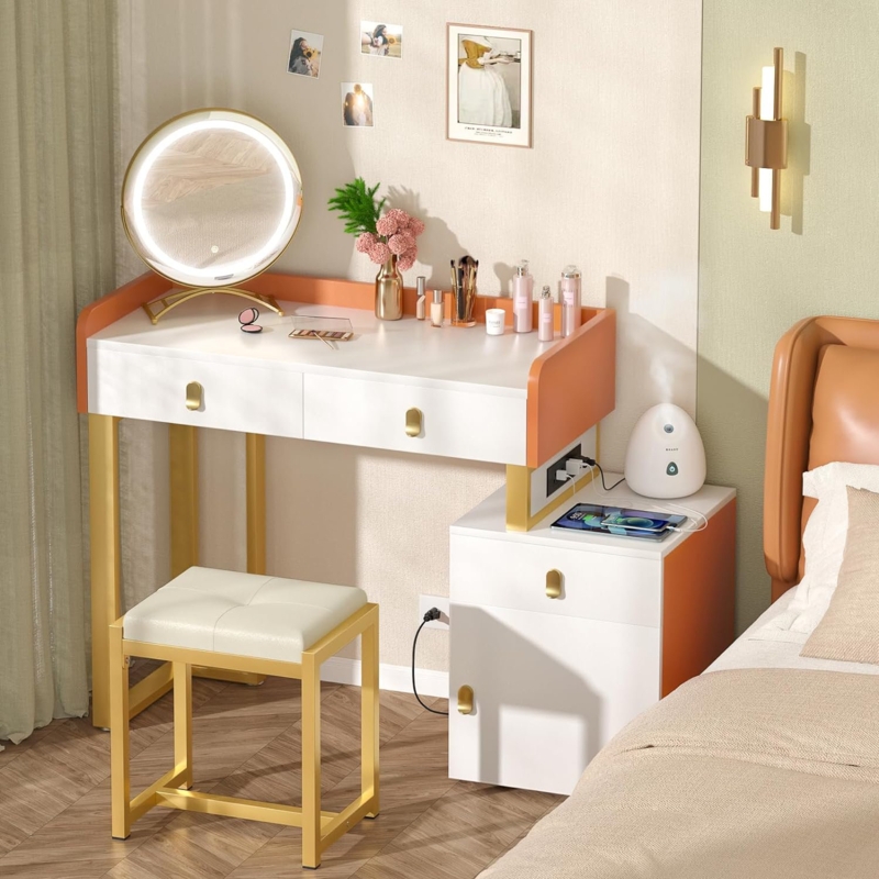 Williesha 44'' Makeup Vanity Set with Lighted Mirror, Power Outlets, 3 Drawers, Cabinet and Stool
