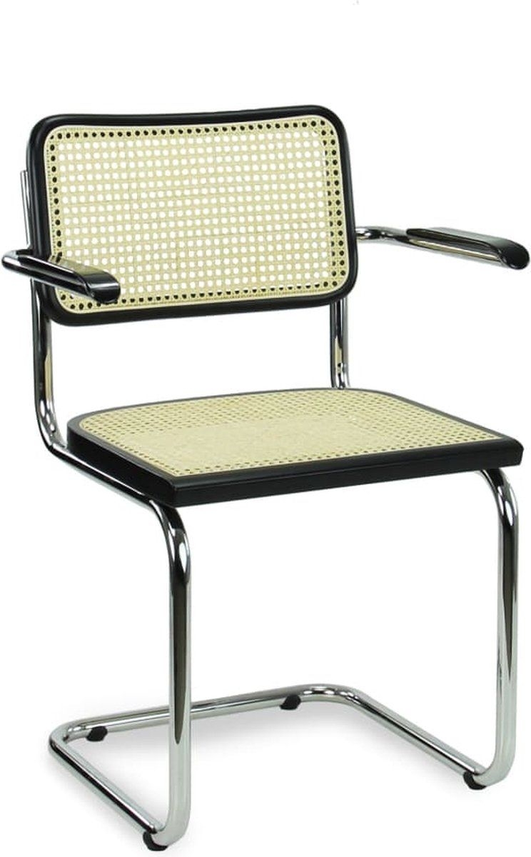 Workliving Bas Eetkamerstoel - Rotan Design Zwart / Chroom - met armleggers