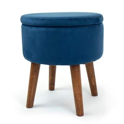 16 in. Blue Velour Round Storage Ottoman