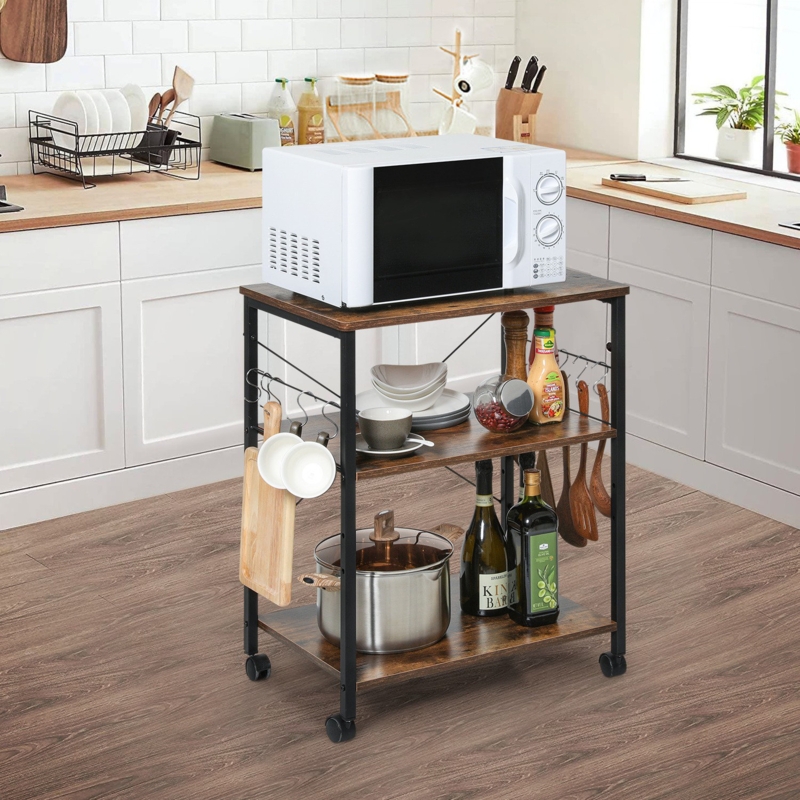 24" Steel Standard Baker's Rack with Wheels, Microwave Oven Stand 3 Shelves Rolling Cart with Hooks