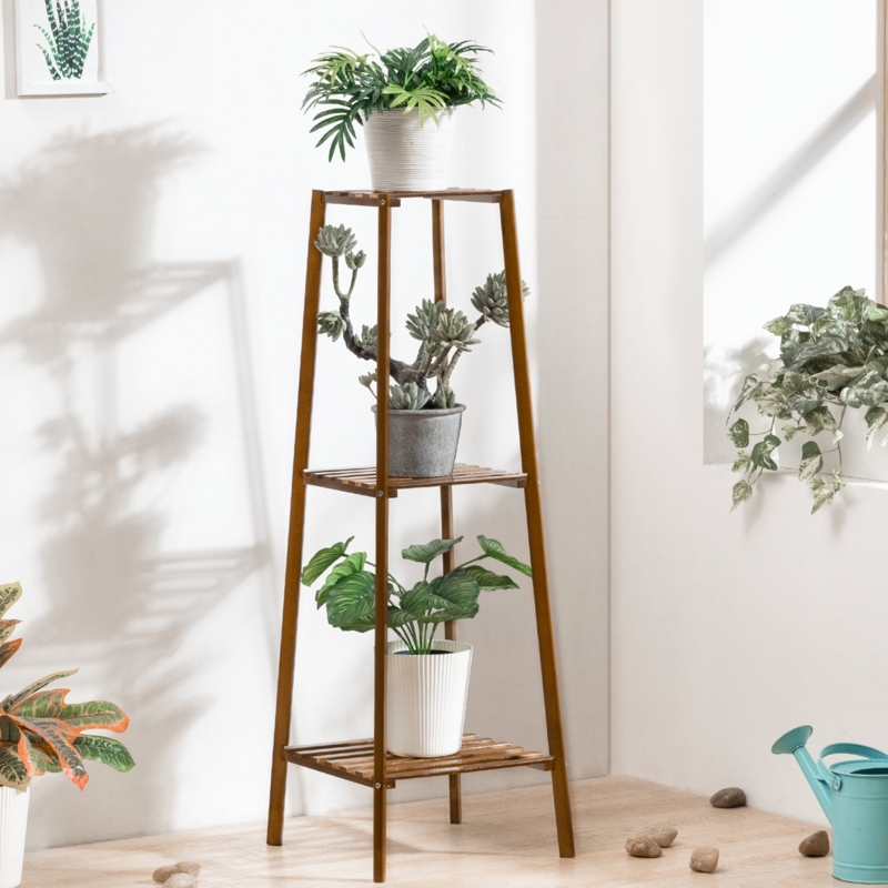 3 Layers Trapezoidal Bamboo Wood Tall Plant Pot Holder Space Table