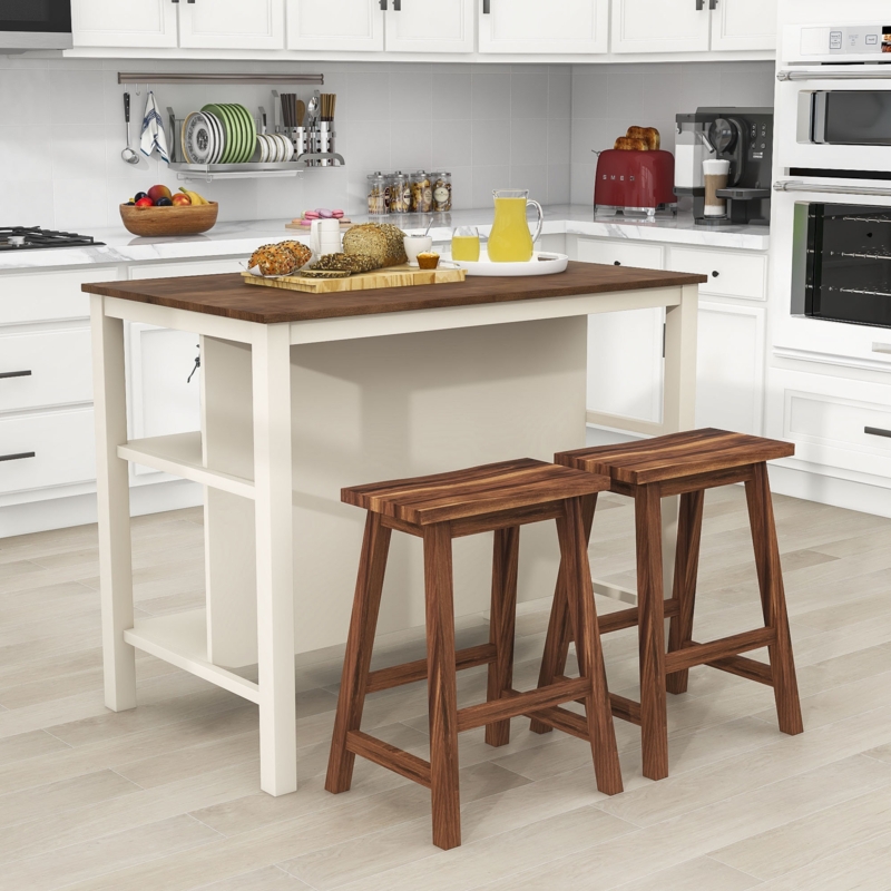 3-Piece Stationary Kitchen Island Set with 2 Stools, Rubber Wood Top Dining Table Set with 2 Shelves