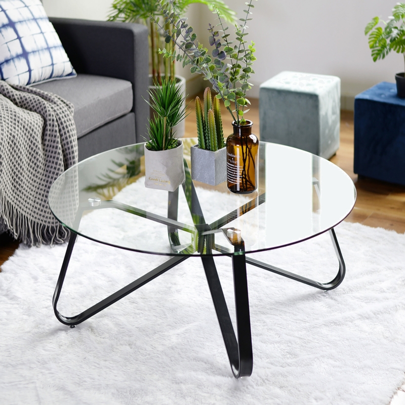 31.5" Round Glass Coffee Table with Metal Frame Supported for Living Room