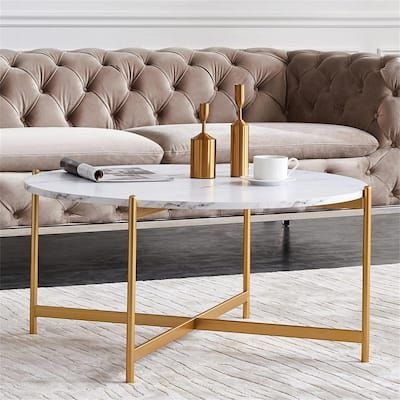 36 in. Marble Color Top Modern Round MDF Coffee Table with Golden Metal Frame