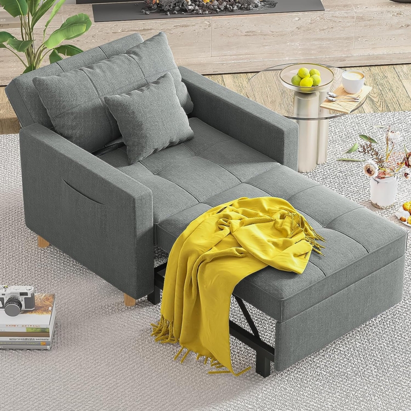 39" Upholstered Convertible Chair Bed with 2 Pillows