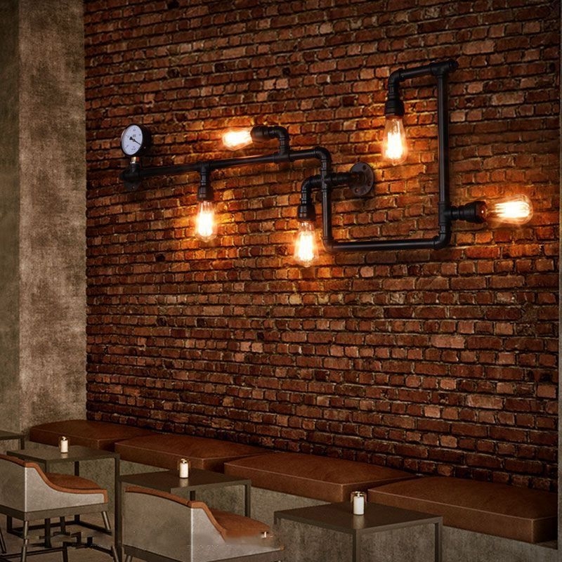 5-Head Wall Sconce Lighting Industrial Water Pipe and Pressure Gauge Metal Wall Light for Restaurant - Rust